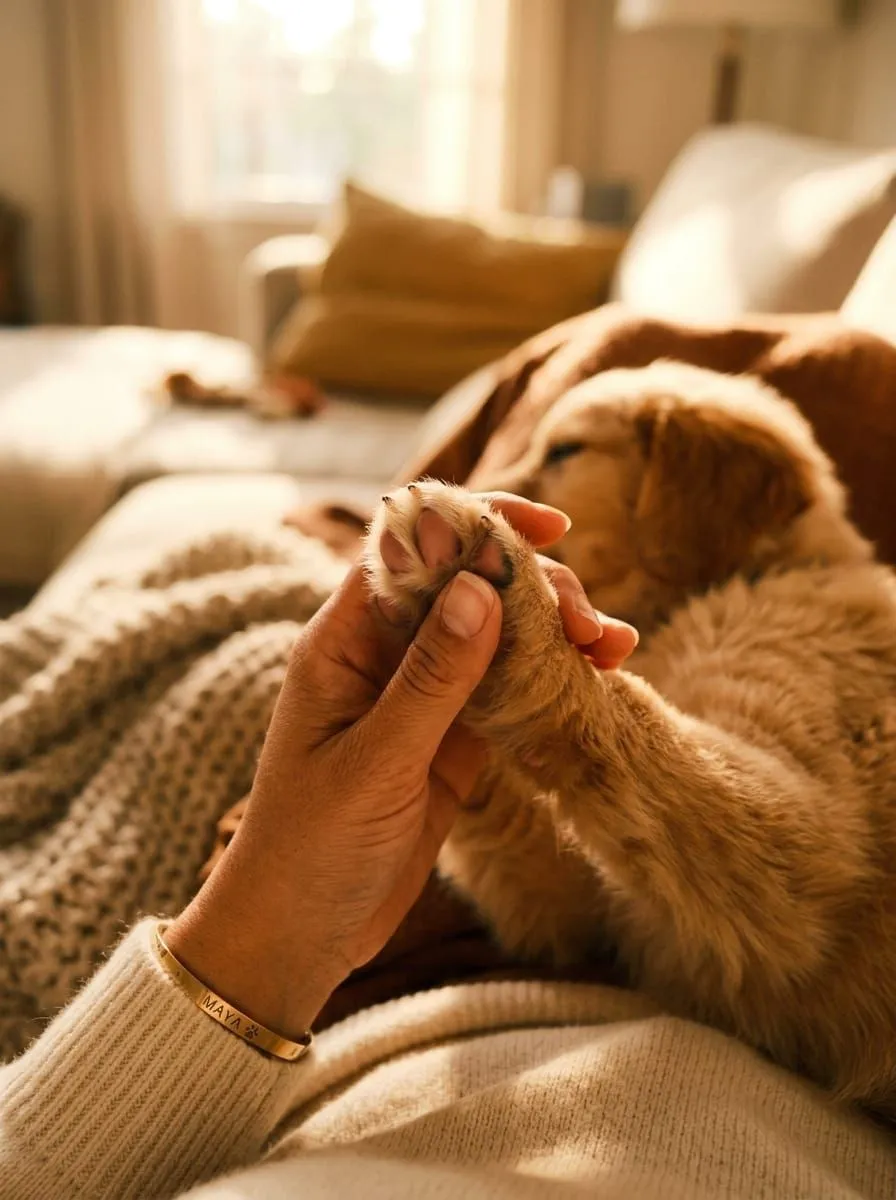 Hand holding dog paw
